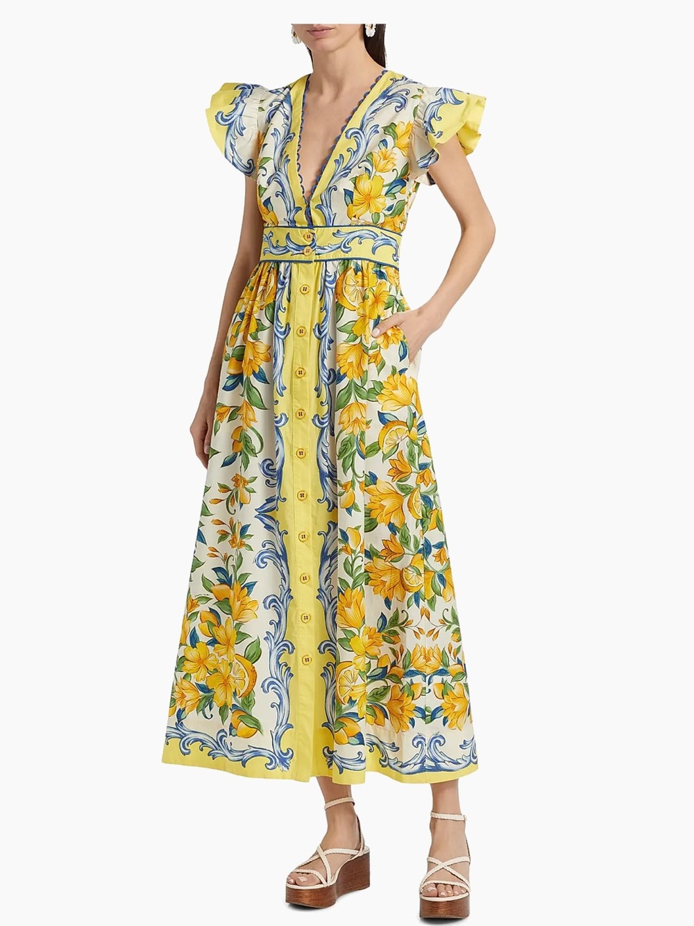 FARM Rio Yellow Floral Button-Front Maxi Dress